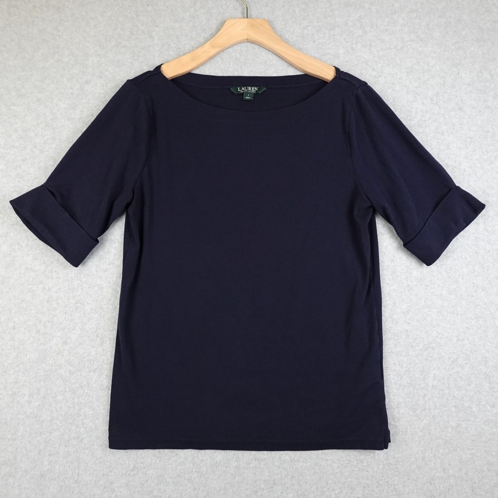Lauren Ralph Lauren Shirt L Navy Blue Nautical Preppy Boat Neck Cotton Cuffed
